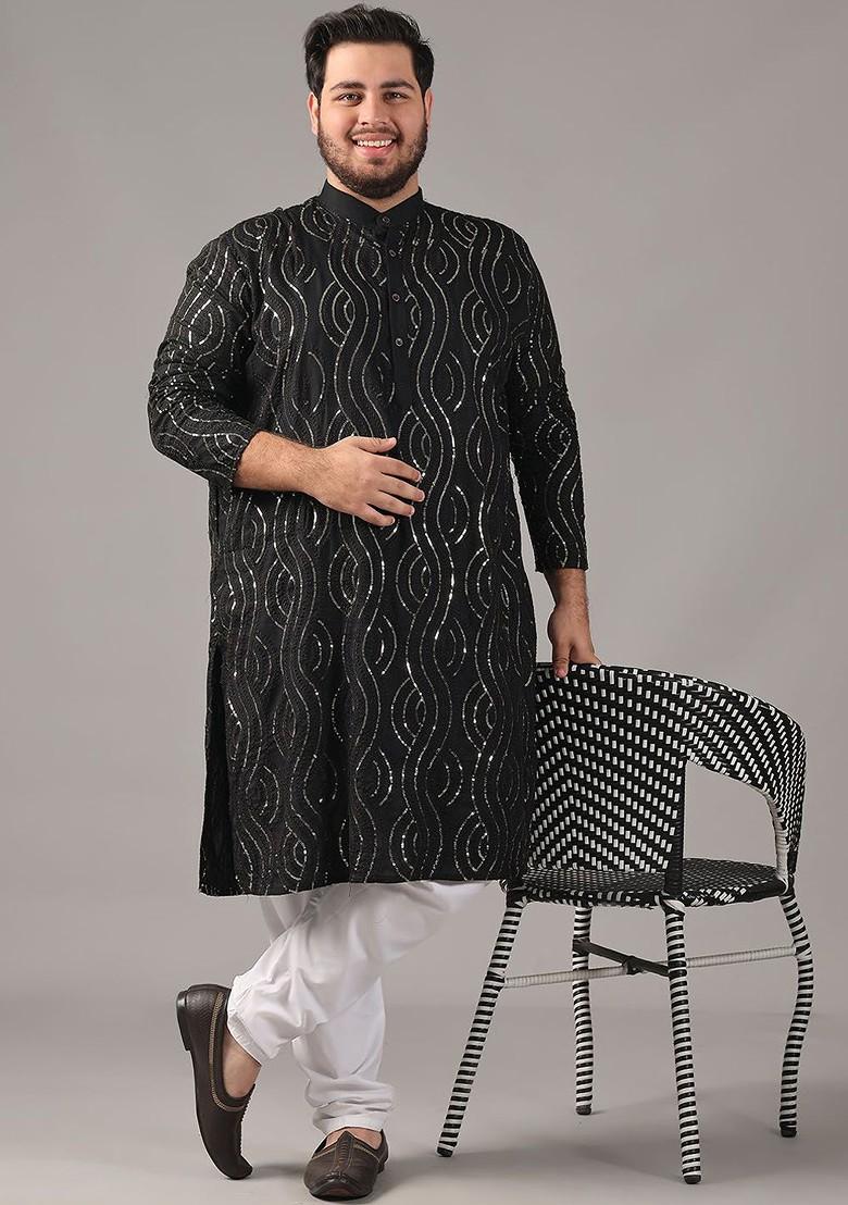 Black Embroidered Cotton Kurta For Men