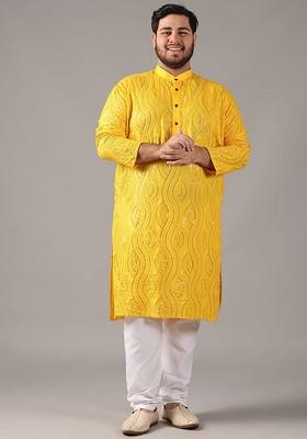 Mustard Embroidered Cotton Kurta For Men