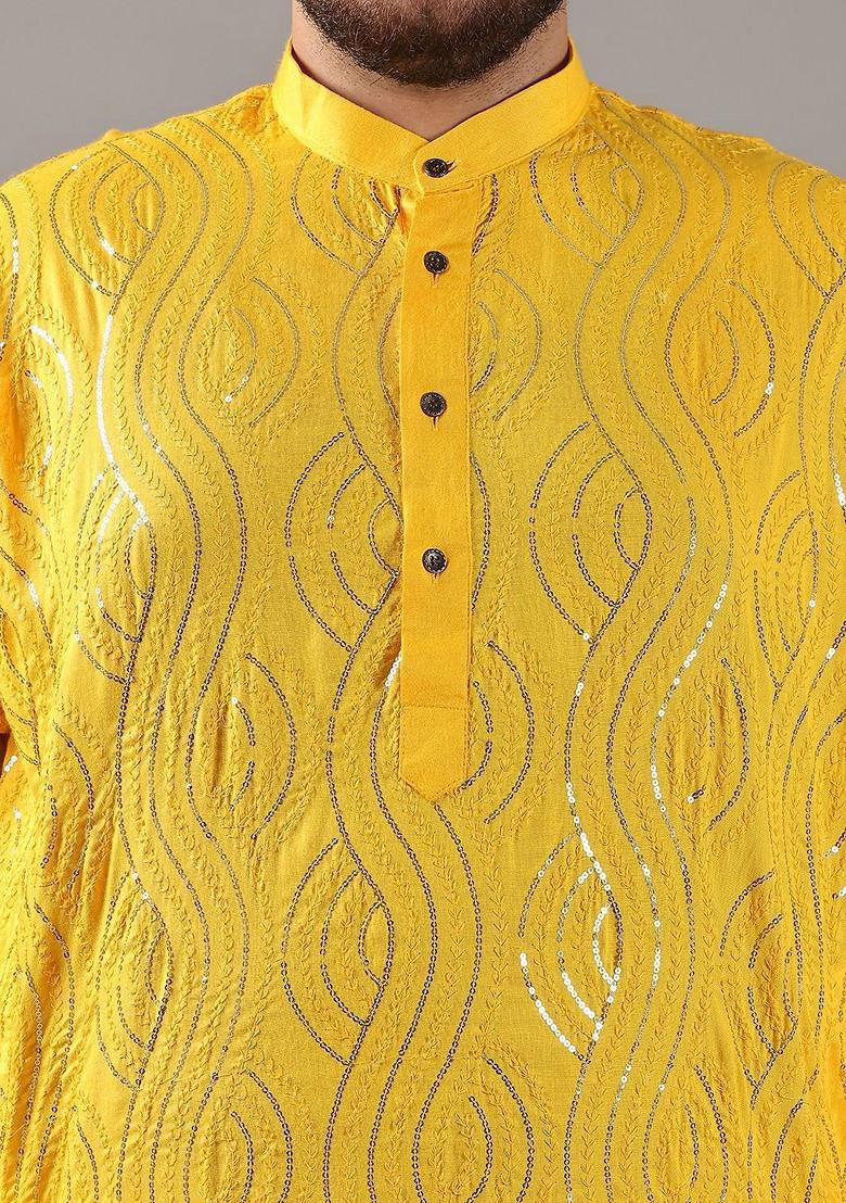 Mustard Embroidered Cotton Kurta For Men