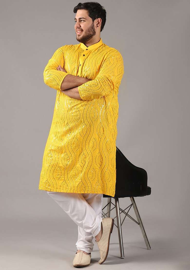Mustard Embroidered Cotton Kurta For Men - Indya