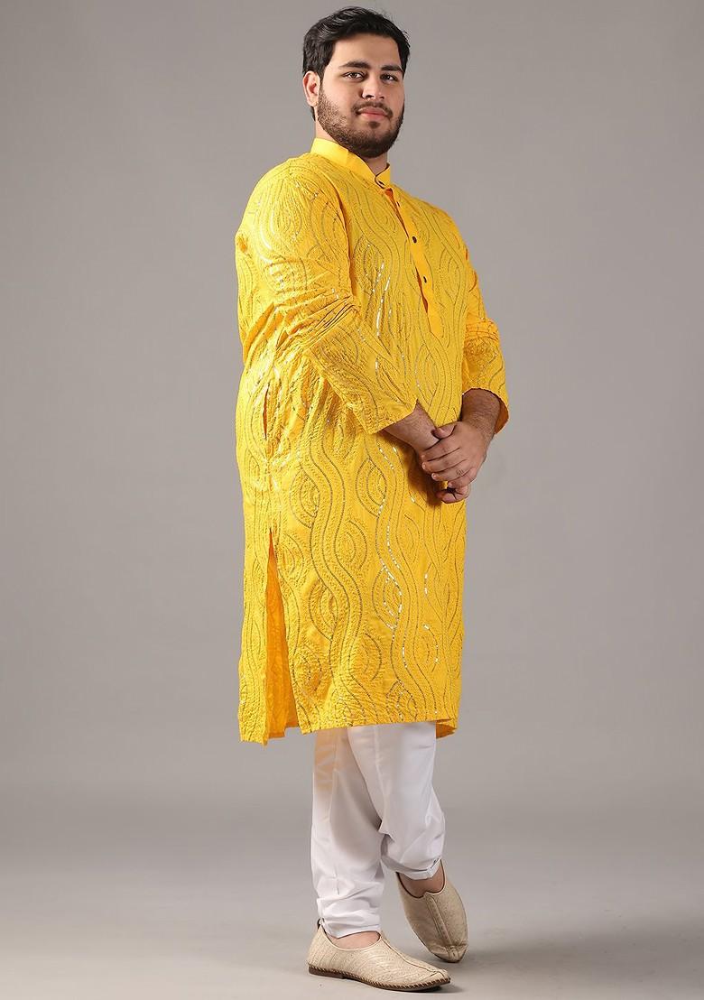 Mustard Embroidered Cotton Kurta For Men