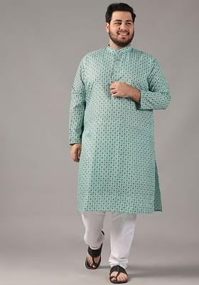 Sea Green Printed Cotton Kurta For Men