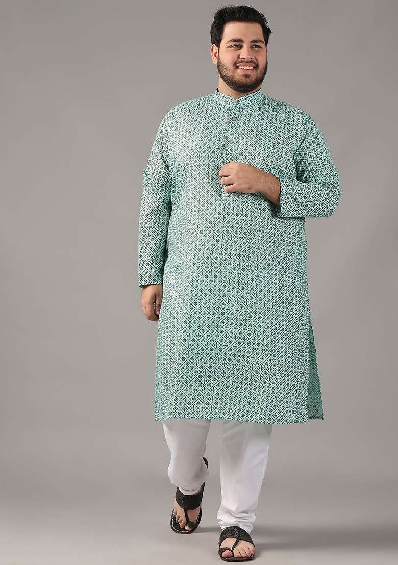 Sea Green Printed Cotton Kurta For Men - Indya