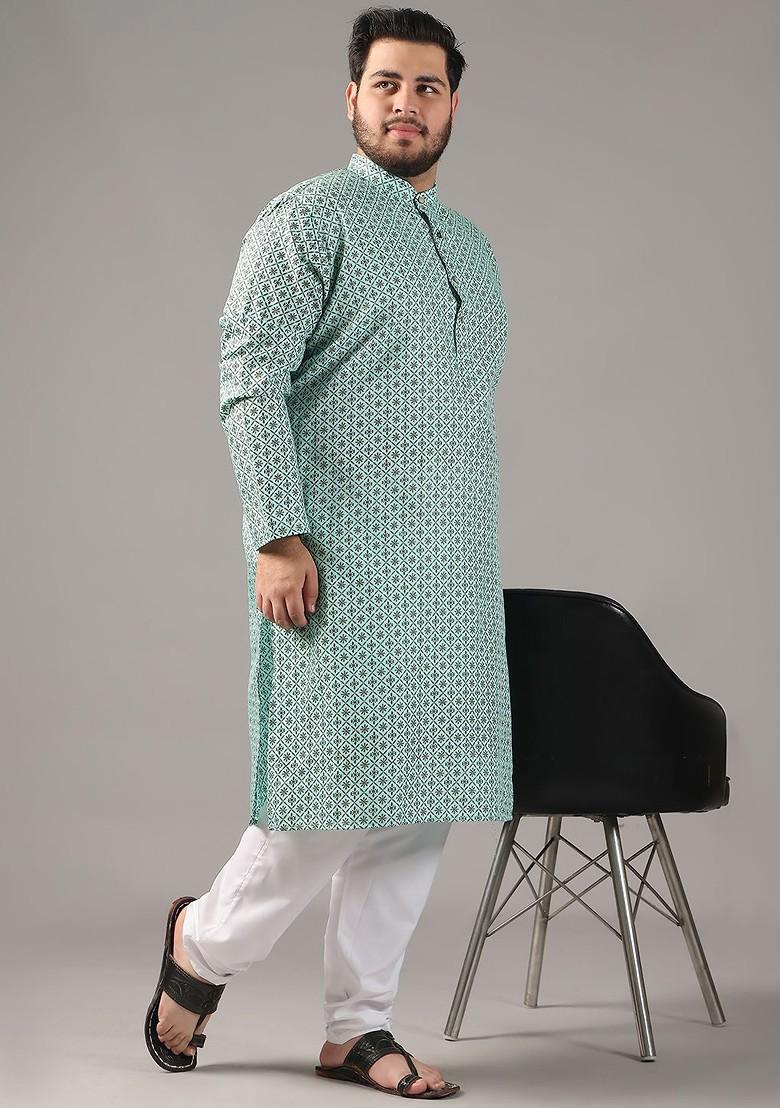 Sea Green Printed Cotton Kurta For Men