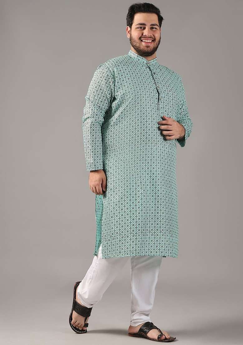 Sea Green Printed Cotton Kurta For Men - Indya