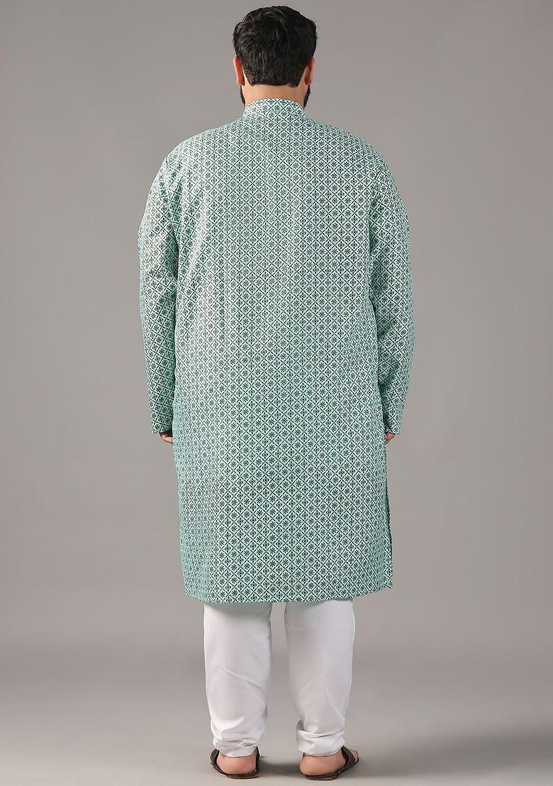 Sea Green Printed Cotton Kurta For Men
