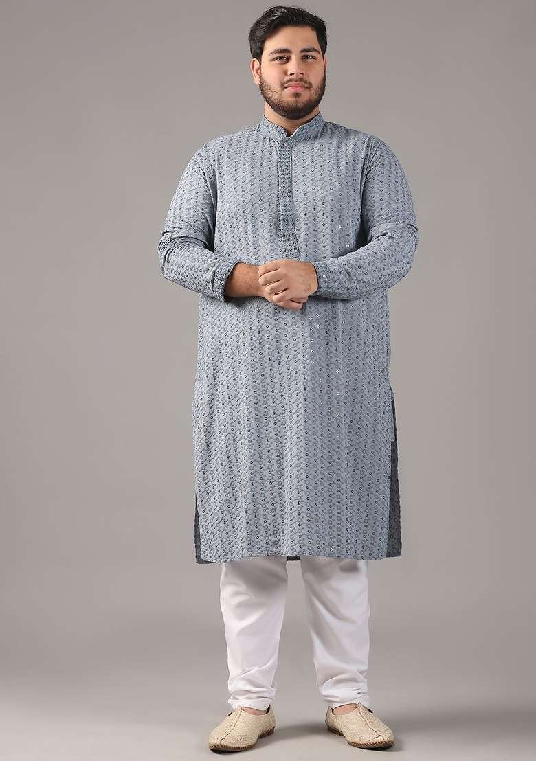 Grey Embroidered Cotton Kurta For Men - Indya