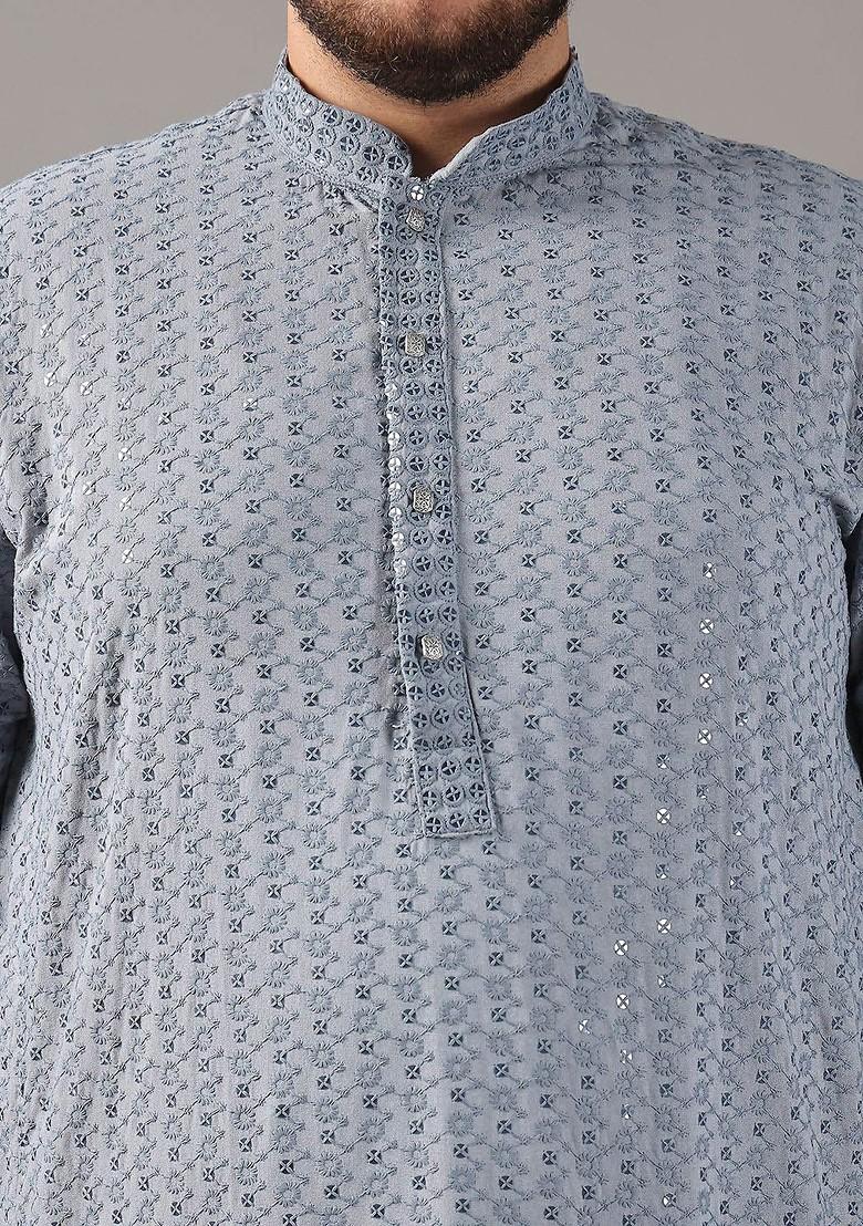 Grey Embroidered Cotton Kurta For Men