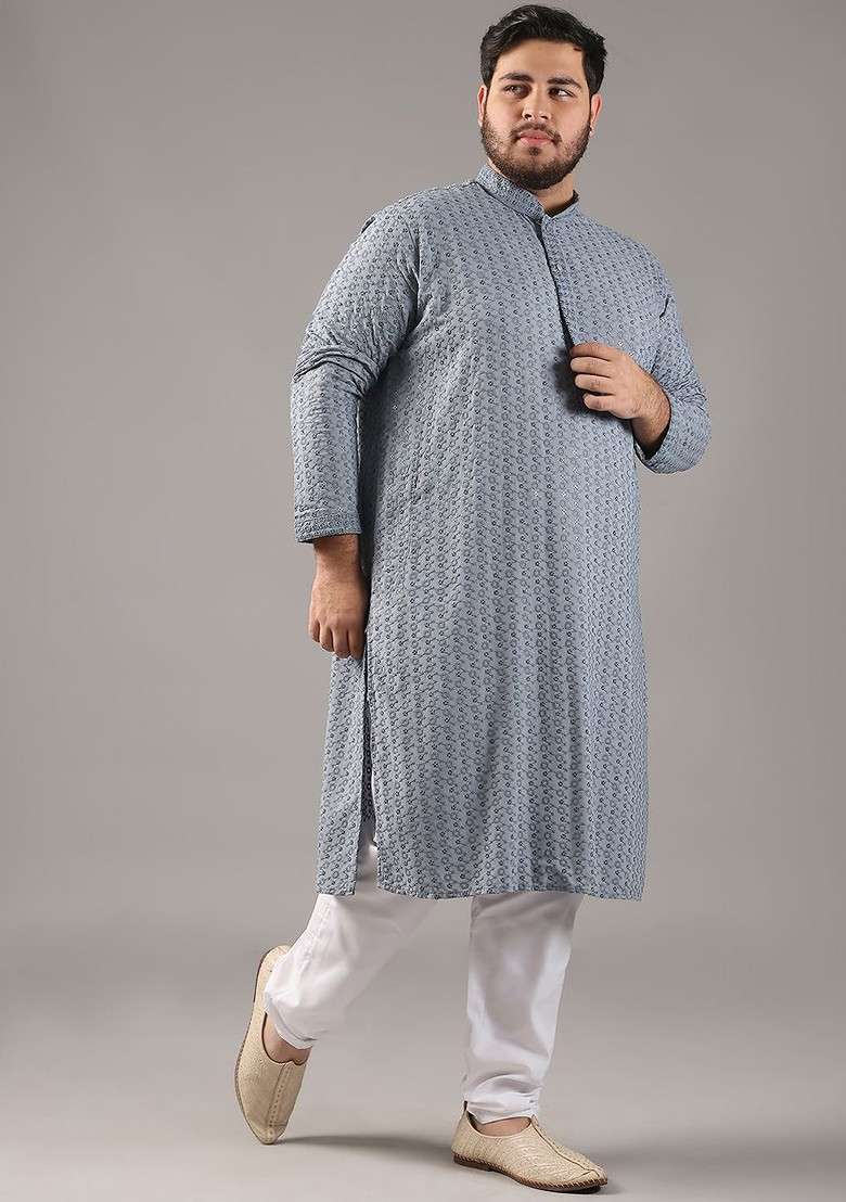 Grey Embroidered Cotton Kurta For Men - Indya
