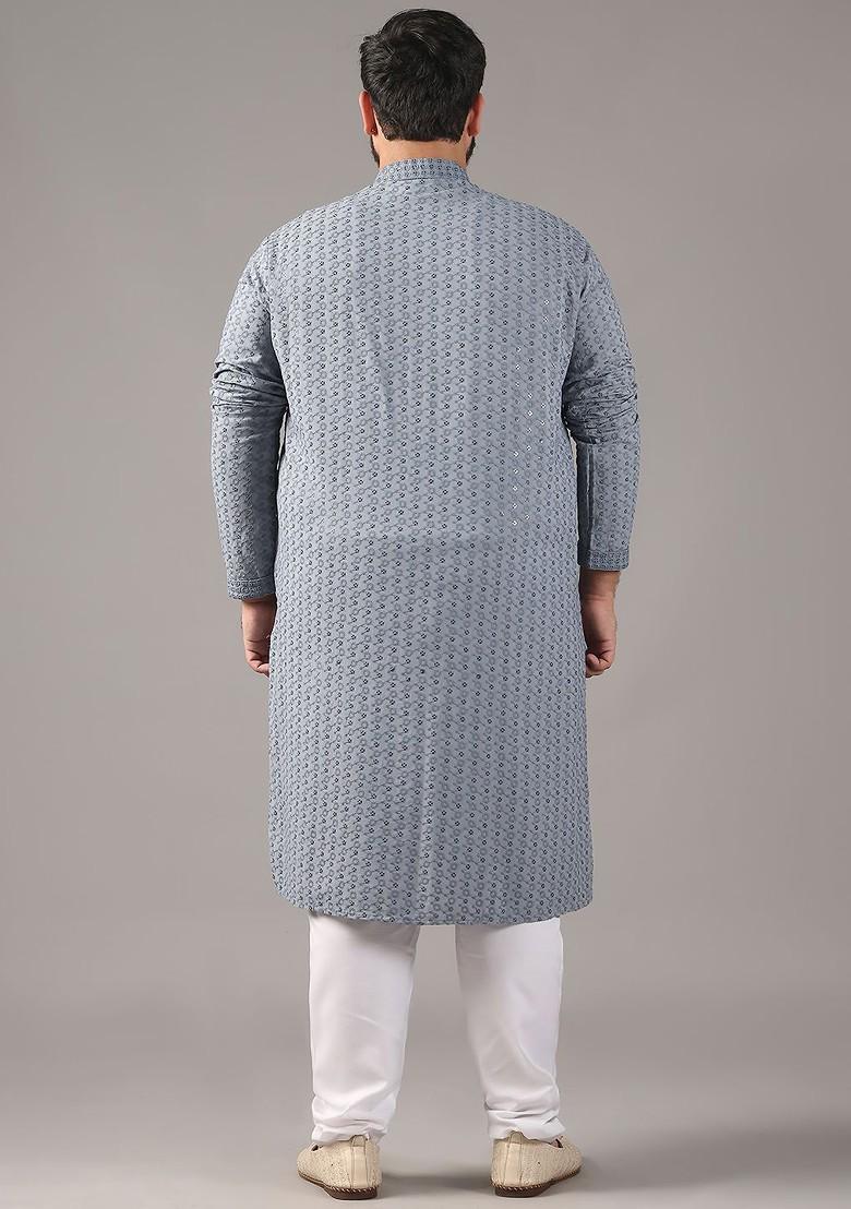 Grey Embroidered Cotton Kurta For Men