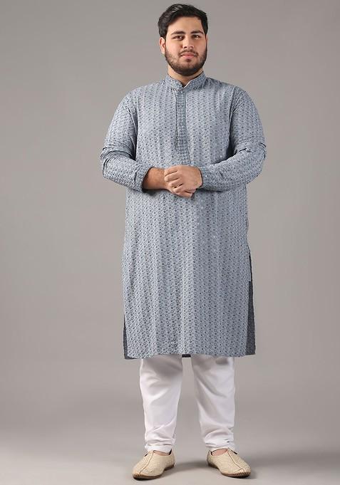 Grey Embroidered Cotton Kurta For Men