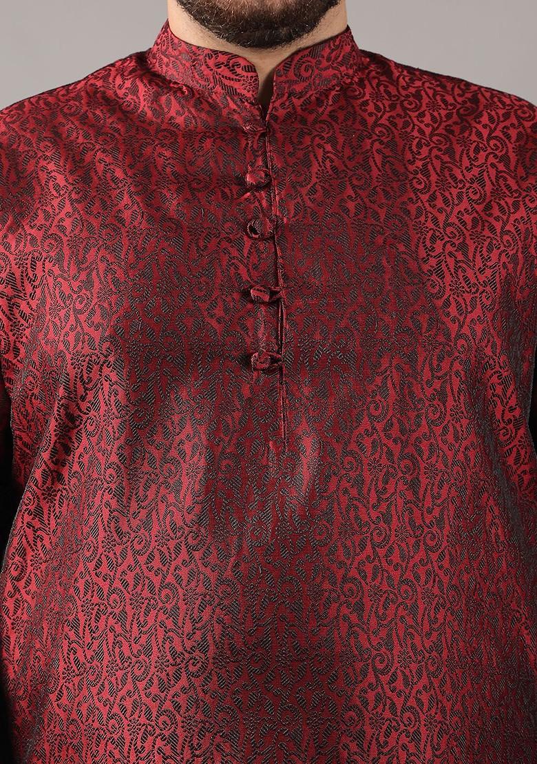 Maroon Woven Poly Blend Kurta For Men