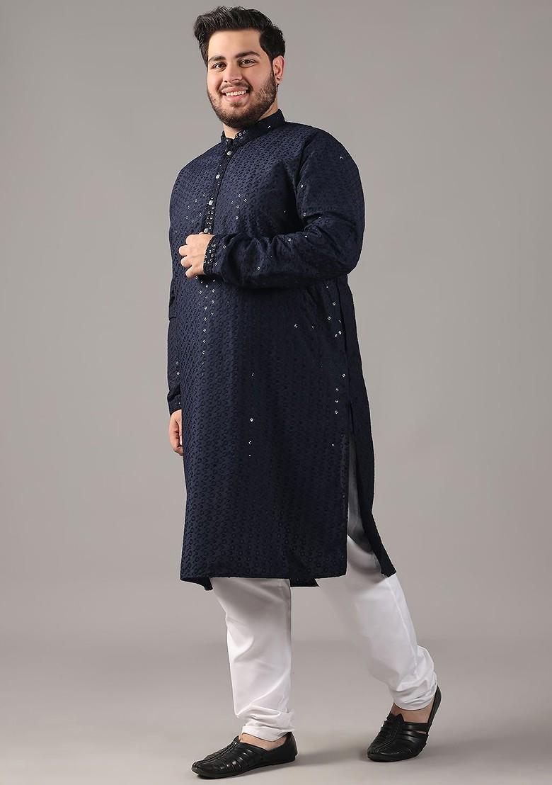 Navy Blue Embroidered Cotton Kurta For Men