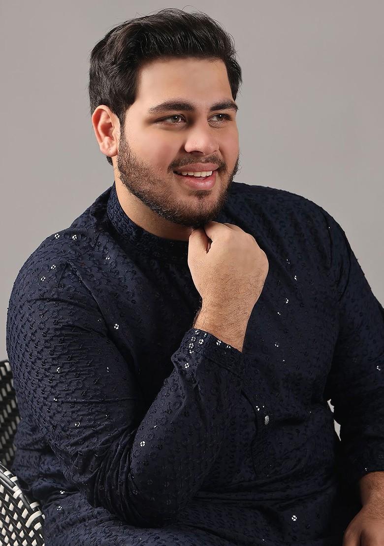 Navy Blue Embroidered Cotton Kurta For Men