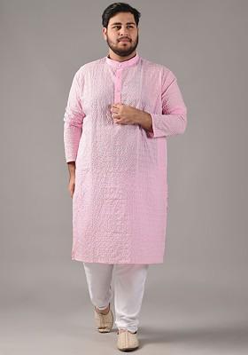Pink Thread Work Cotton Kurta For Men