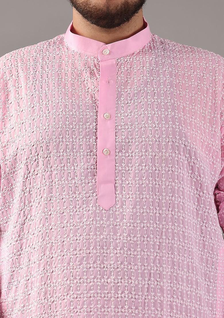 Pink Thread Work Cotton Kurta For Men