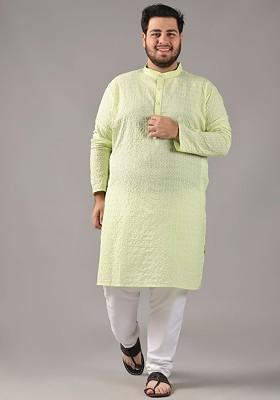 Green Thread Work Cotton Kurta For Men