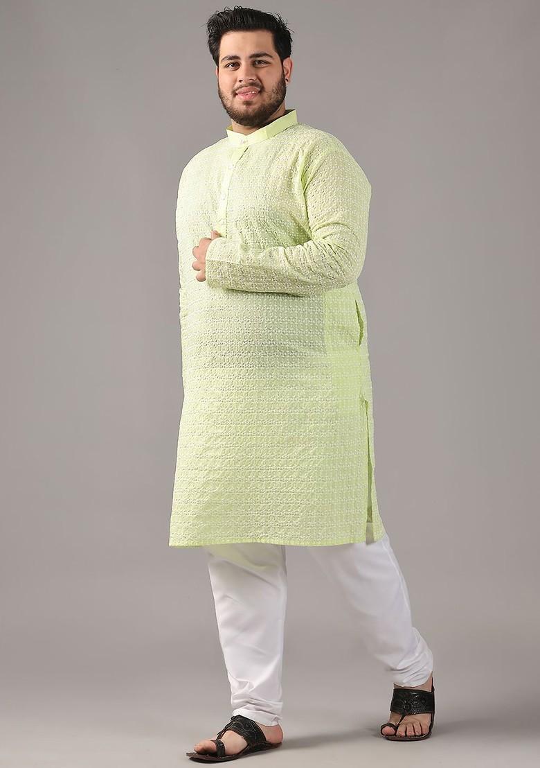Green Thread Work Cotton Kurta For Men