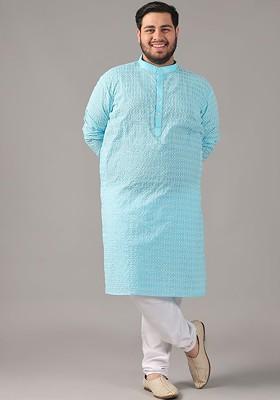 Blue Thread Work Cotton Kurta For Men
