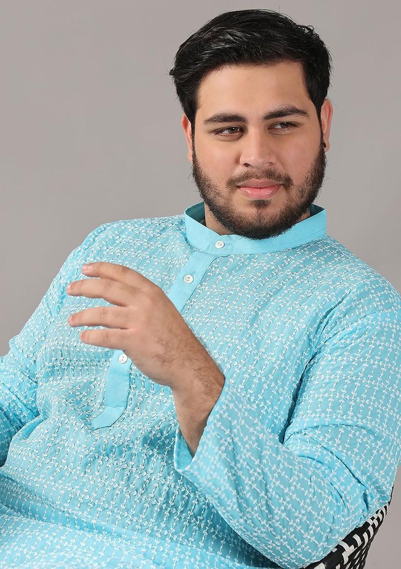 Blue Thread Work Cotton Kurta For Men