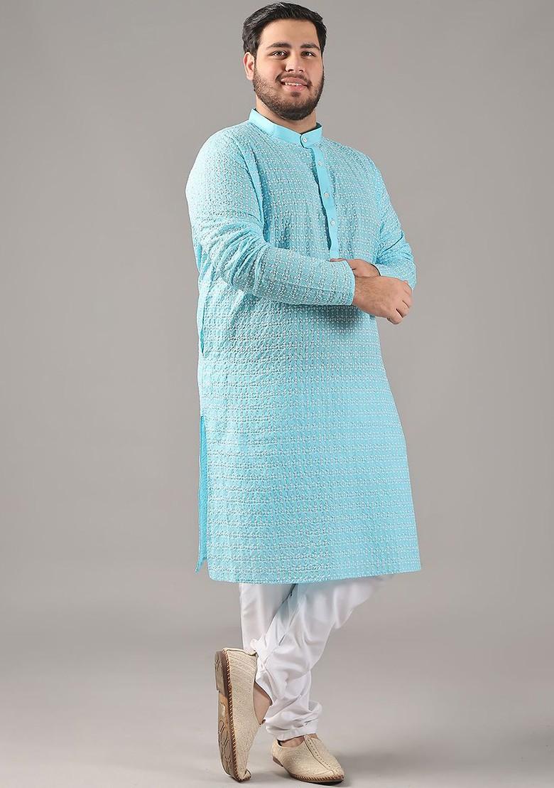 Blue Thread Work Cotton Kurta For Men
