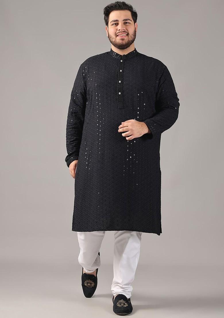 Black Embroidered Cotton Kurta For Men