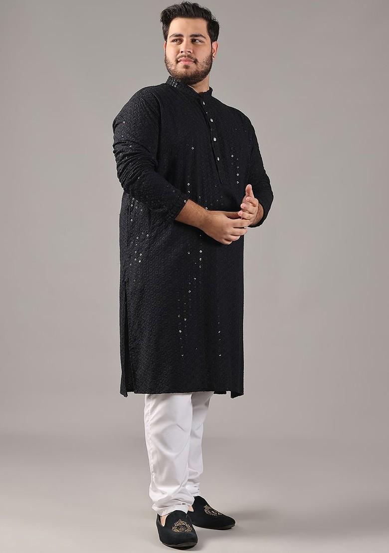 Black Embroidered Cotton Kurta For Men