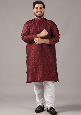 Red Woven Poly Blend Kurta For Men