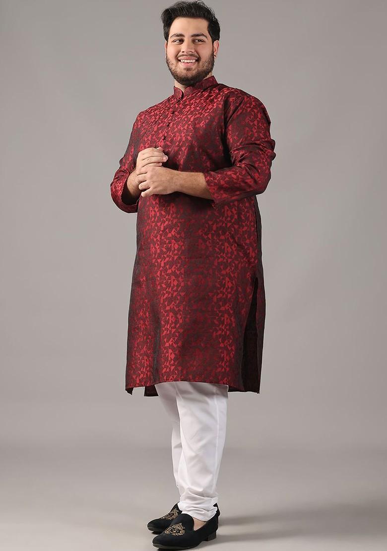 Red Woven Poly Blend Kurta For Men