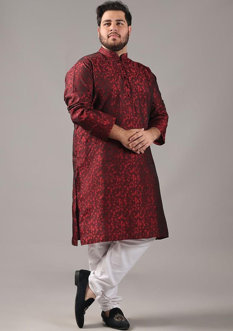 Red Woven Poly Blend Kurta For Men