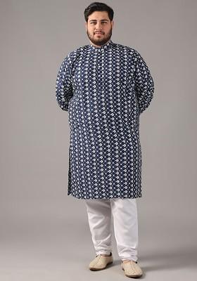 Navy Blue Thread Work Poly Blend Kurta For Men