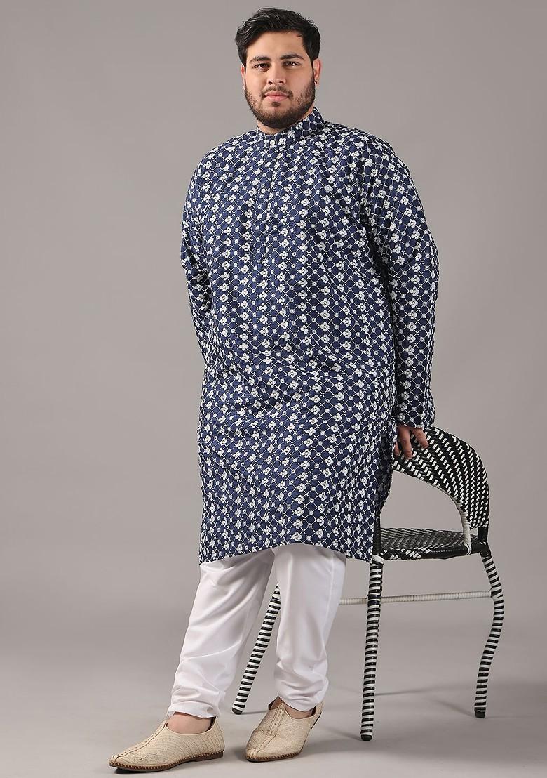 Navy Blue Thread Work Poly Blend Kurta For Men