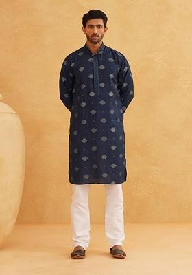 Navy Blue Embroidered Poly Blend Kurta For Men