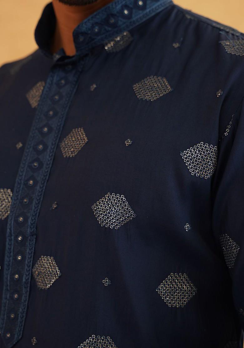 Navy Blue Embroidered Poly Blend Kurta For Men