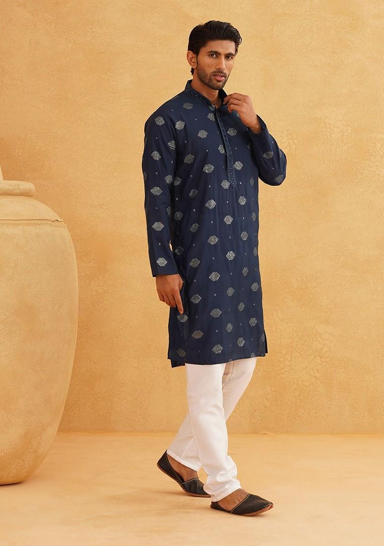 Navy Blue Embroidered Poly Blend Kurta For Men