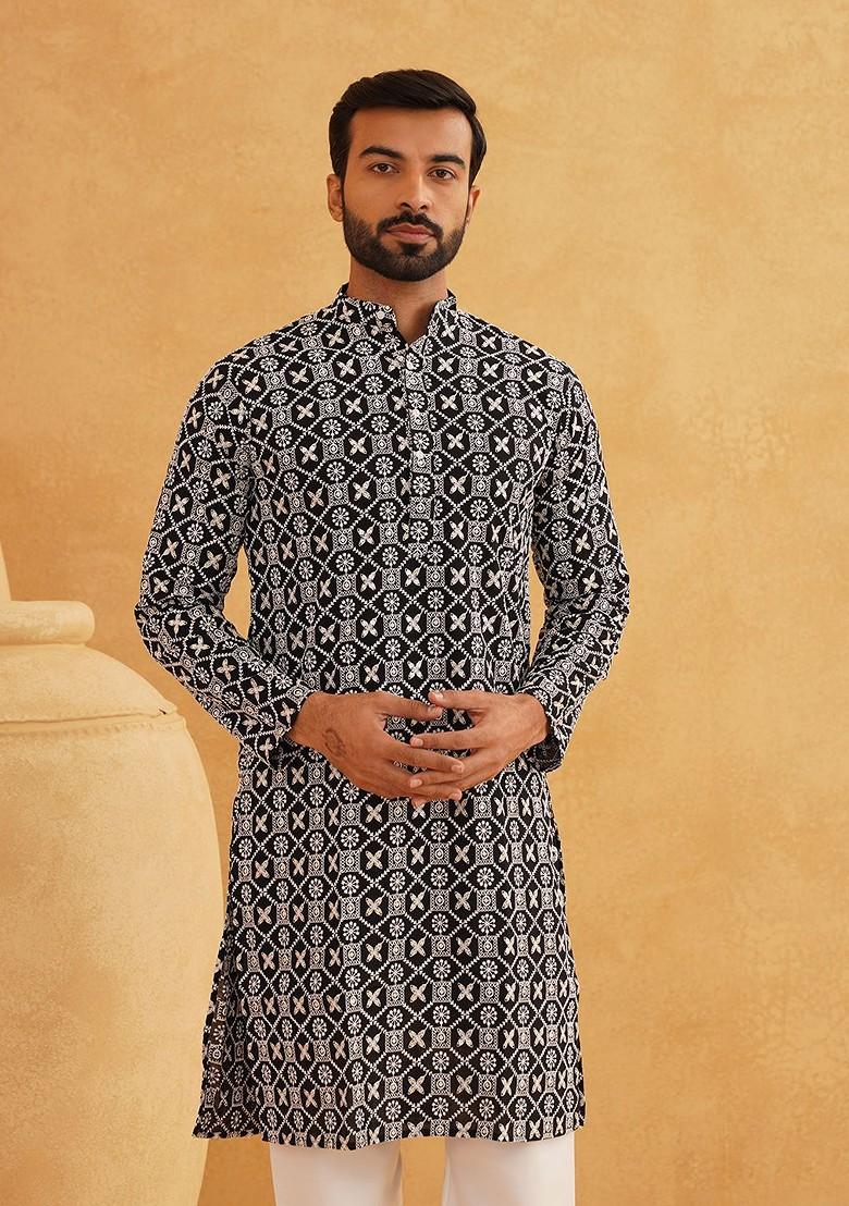 Black Embroidered Cotton Kurta For Men