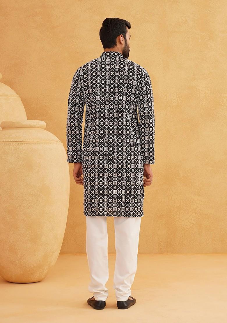 Black Embroidered Cotton Kurta For Men