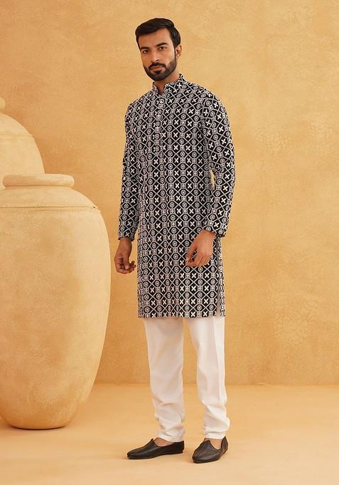 Black Embroidered Cotton Kurta For Men