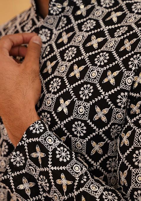 Black Embroidered Cotton Kurta For Men
