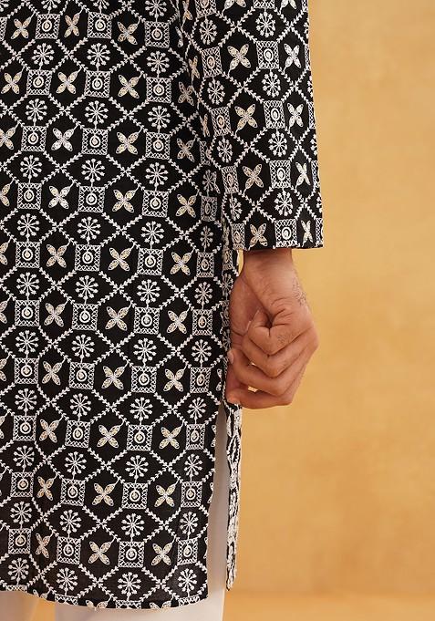 Black Embroidered Cotton Kurta For Men