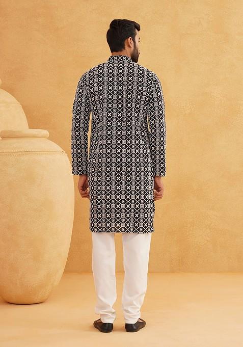 Black Embroidered Cotton Kurta For Men