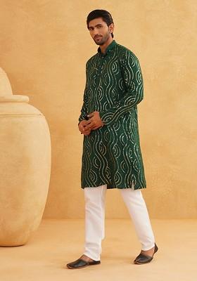 Green Embroidered Cotton Kurta For Men