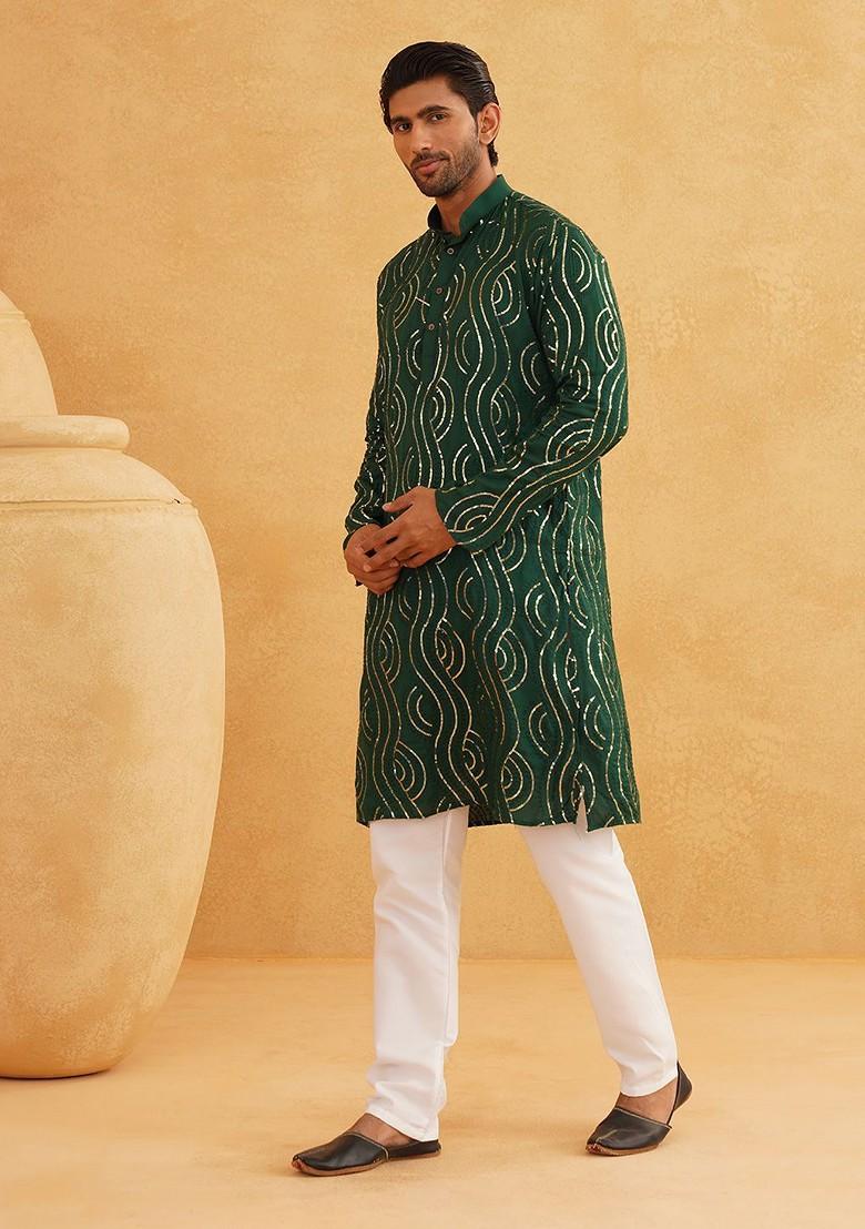 Green Embroidered Cotton Kurta For Men