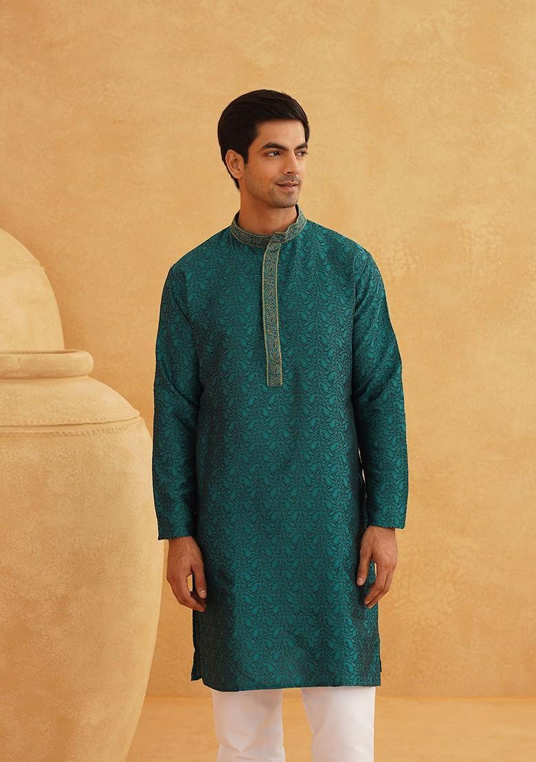 Teal Blue Woven Poly Blend Kurta For Men