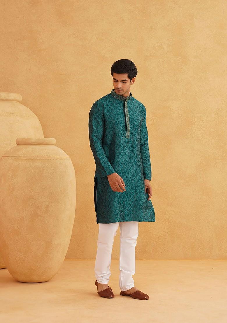 Teal Blue Woven Poly Blend Kurta For Men