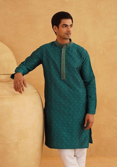 Teal Blue Woven Poly Blend Kurta For Men — view on Indya
