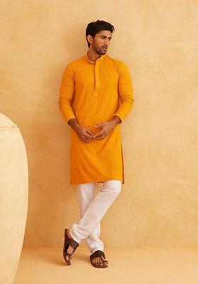 Mustard Embroidered Cotton Kurta For Men
