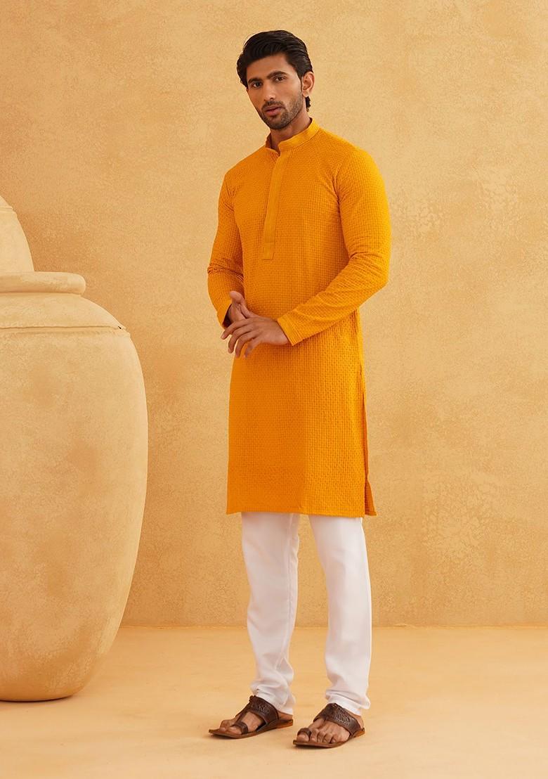 Mustard Embroidered Cotton Kurta For Men