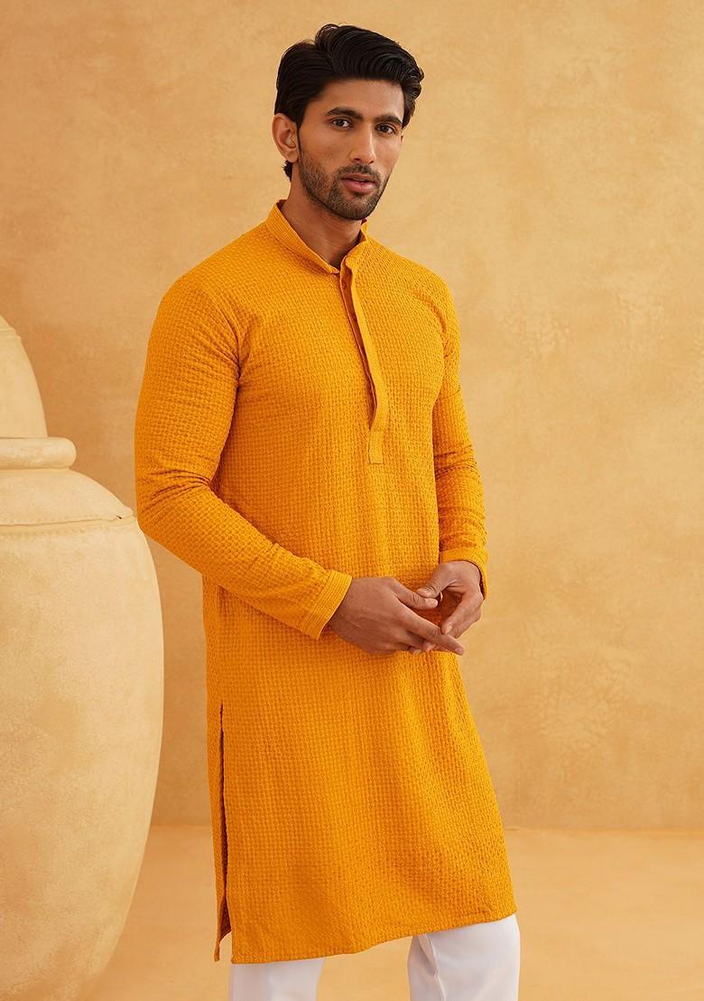 Mustard Embroidered Cotton Kurta For Men