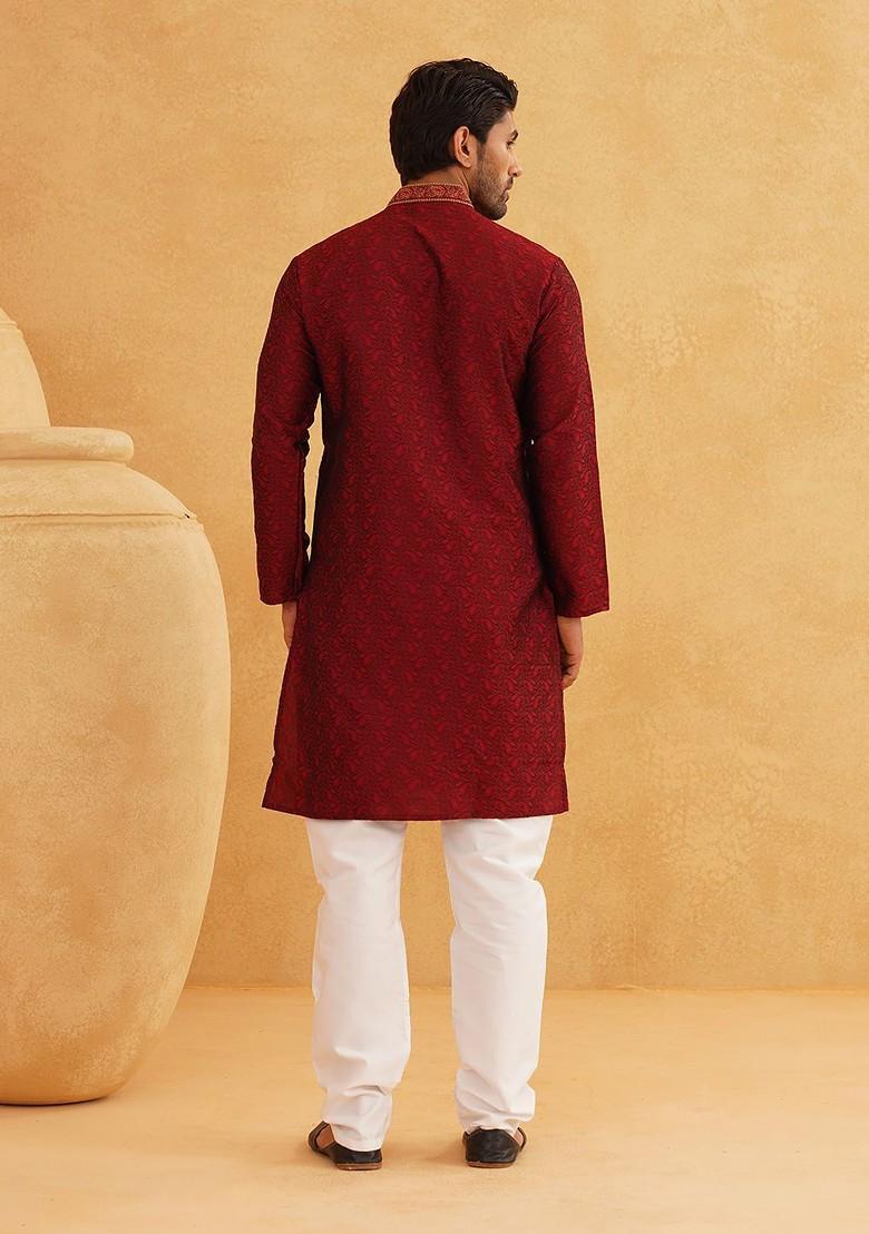 Maroon Woven Poly Blend Kurta For Men